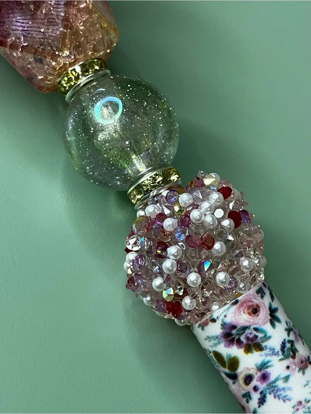 Pink Flower Fairy Handmade Beaded Pen with Floral Print Barrel